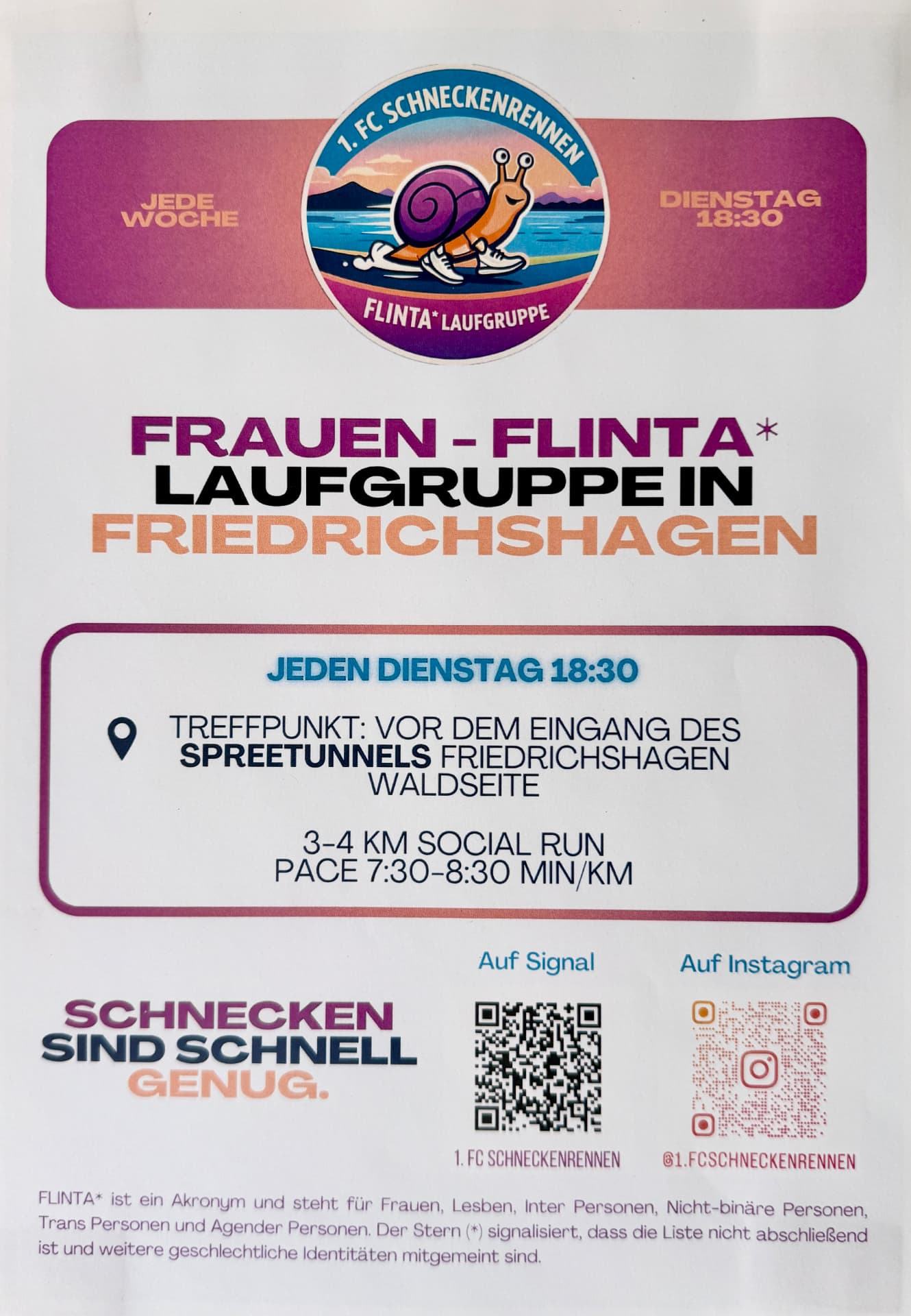 Flyer der FLINTA*-Laufgruppe 1. FC Schneckenrennen, jeden Dienstag 18:30 Uhr ab Spreetunnel Friedrichshagen